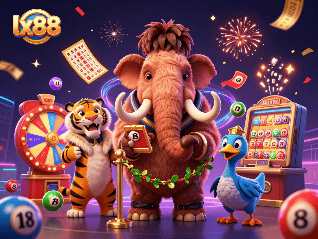Vibrant lx88 casino illustration with a woolly mammoth bouncer, VIP saber-tooth tiger, and dodo bird doorman.