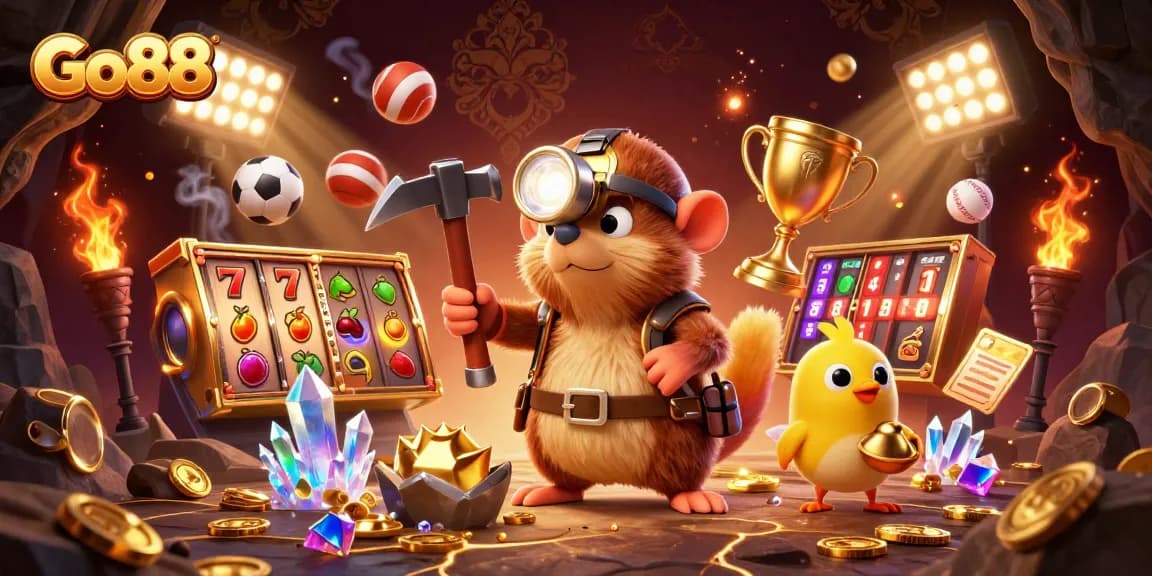 Experience Go88's thrilling gaming adventure with a treasure hunter mole and dynamic casino elements.