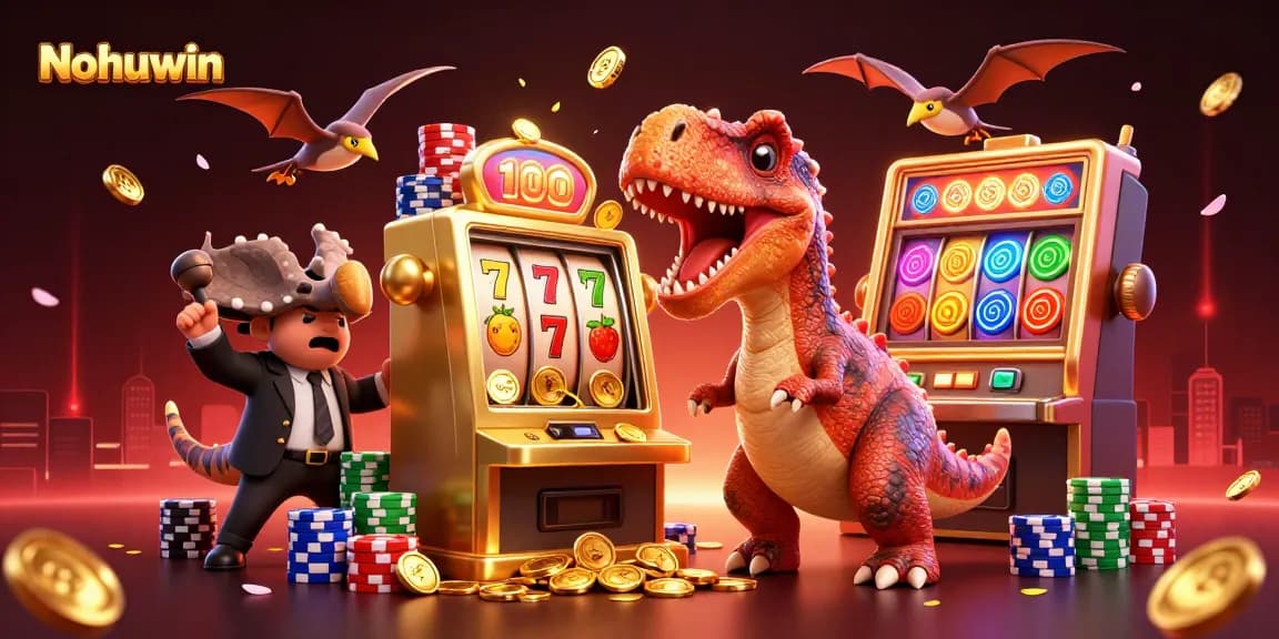 Nohuwin casino characters creating a jackpot with flying coins and vibrant game elements.