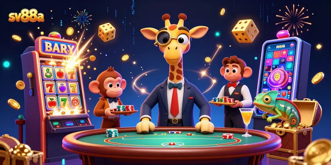 sv88a showcases high-energy gaming with unique characters at a bustling casino scene.