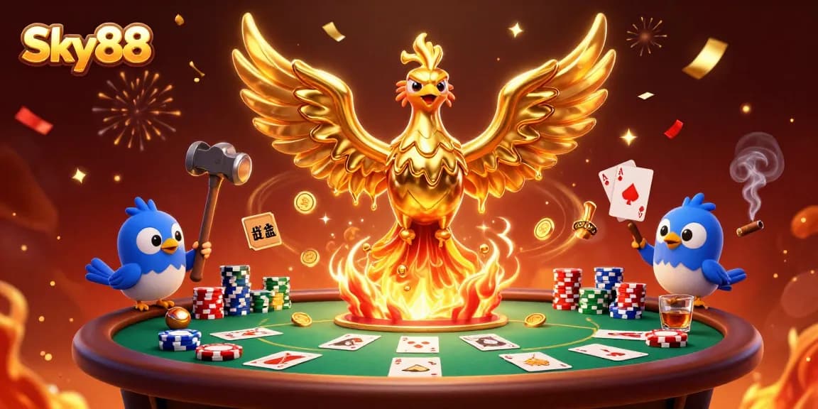 Experience Sky88's thrilling poker scene with golden phoenix and vibrant casino elements.