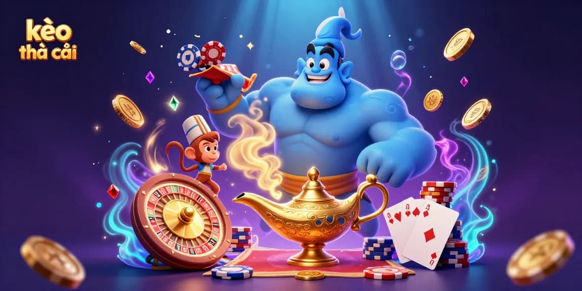 Experience kèo nhà cái with a dynamic casino scene featuring a blue genie, poker chips, and casino elements.