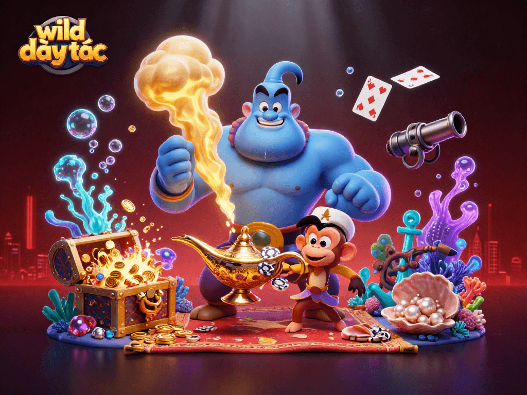 Join the excitement of wild đạo tặc with thrilling characters and dynamic casino-themed elements in this vibrant illustration.