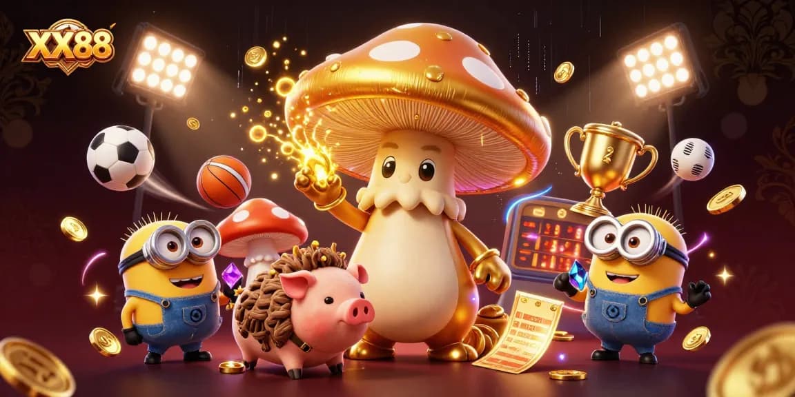 Experience thrilling gaming moments with XX88's vibrant casino-themed digital illustration featuring gold-spired magical characters and energetic sports elements.