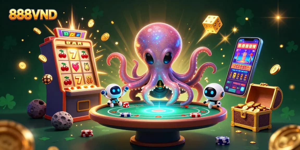 Experience thrilling gameplay with 888VND’s alien octopus at a holographic poker table.