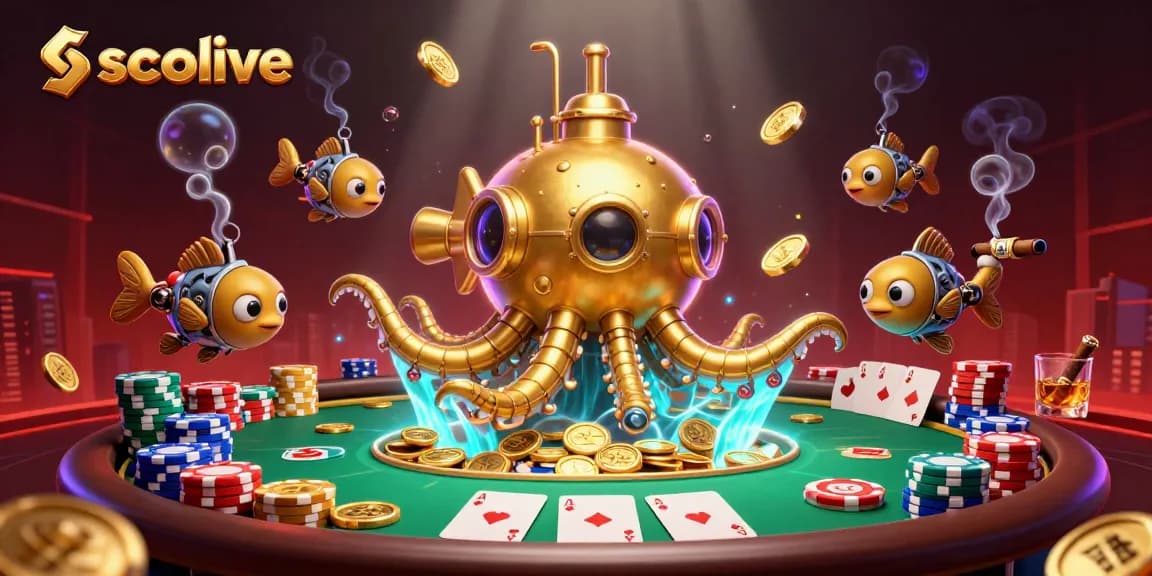Socolive showcases a golden kraken submarine in an animated underwater casino scene featuring poker elements.