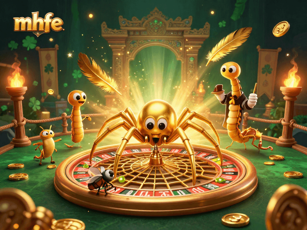 Engaging mhfe scene of a golden spider at a roulette wheel showcasing vibrant casino elements.