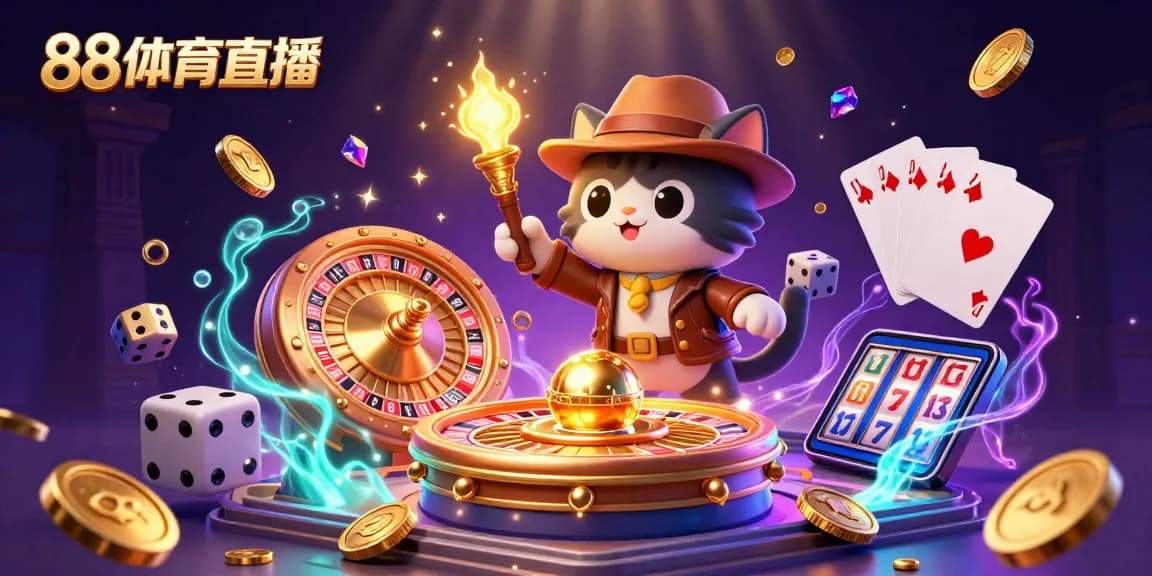 Experience thrilling moments with 88体育直播 as an archaeologist cat discovers casino treasures surrounded by vibrant gaming elements.