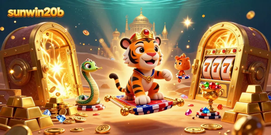 Engage in thrilling gameplay at sunwin20b with a vibrant 3D casino scene featuring a tiger sultan, treasures, and dynamic casino elements.