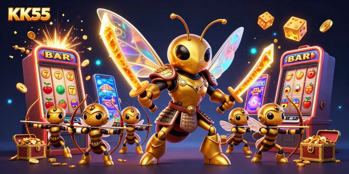 Engage with KK55’s vibrant casino experience featuring a golden hornet samurai amidst exciting gaming elements.
