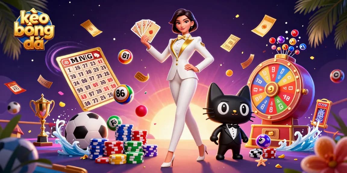 Engage with kèo bóng đá in this vibrant 3D scene featuring a glamorous woman and a cat amidst sports betting elements.