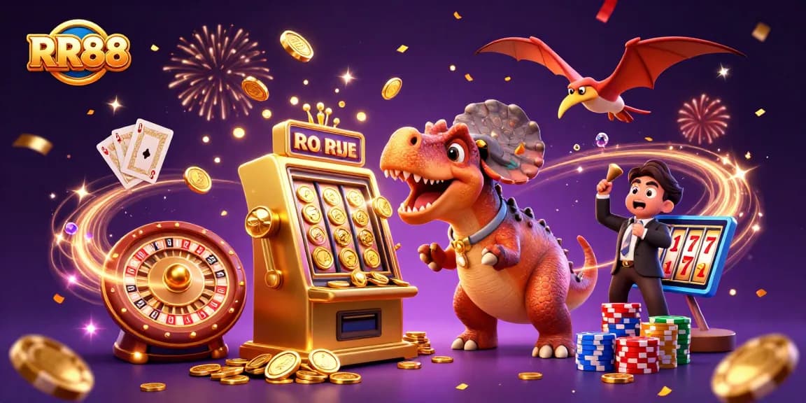 RR88 casino scene with a dinosaur winning jackpots alongside vibrant gaming elements.