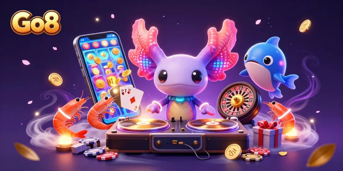 Experience the vibrant Go8 casino scene with a colorful axolotl DJ and underwater gaming elements.