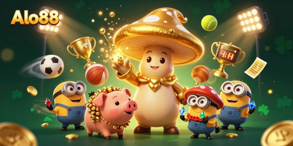 Alo88 wizards casting gold magic in a dynamic online casino gaming scene filled with sports elements.