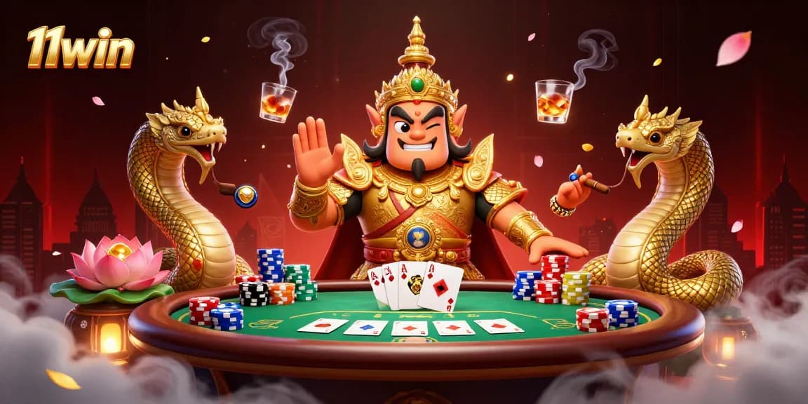 Experience the thrill of gaming with 11win's vibrant casino scene featuring poker and charming characters.