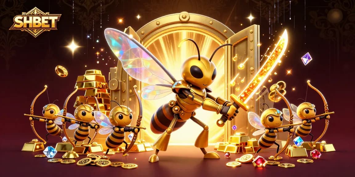 Engage with SHBET through a vibrant casino scene featuring a golden hornet and treasures.