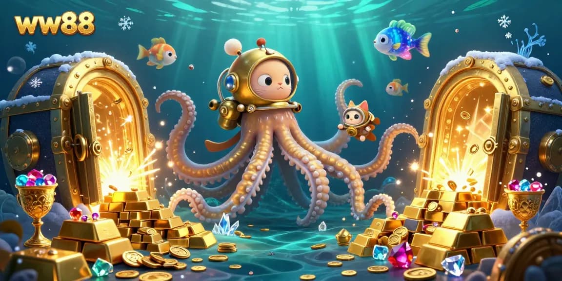 Experience thrills at ww88 with a colossal kraken, diving cat, and treasure amid sparkling gems.