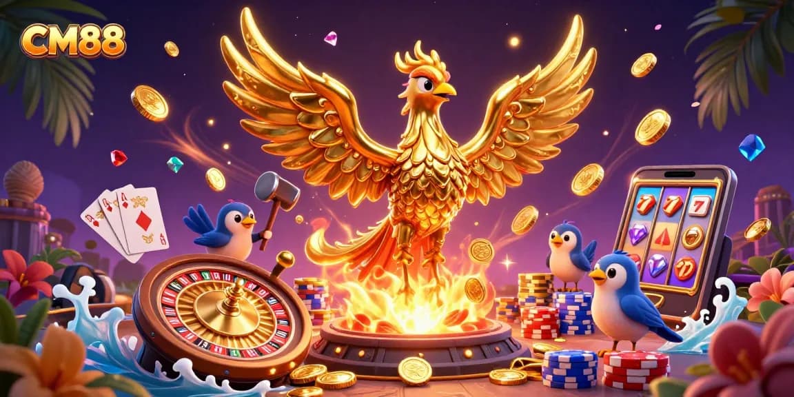 Experience thrilling gameplay with CM88 featuring a molten metal phoenix and dynamic casino elements.