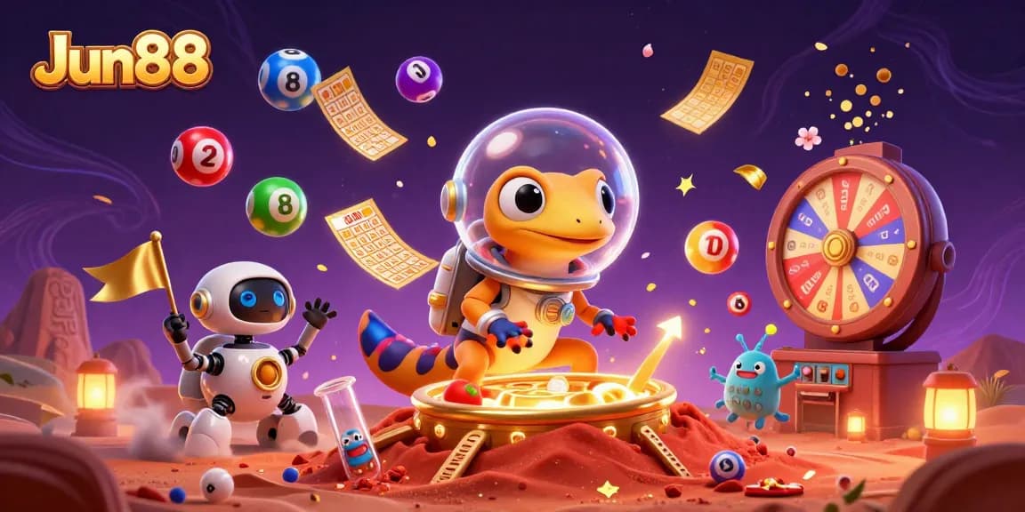 Experience thrilling wins at Jun88 with dynamic lottery balls and a whimsical Martian gecko.