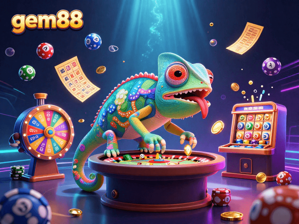 Win big at gem88 with an exciting gambling scene featuring a colorful chameleon casino owner.
