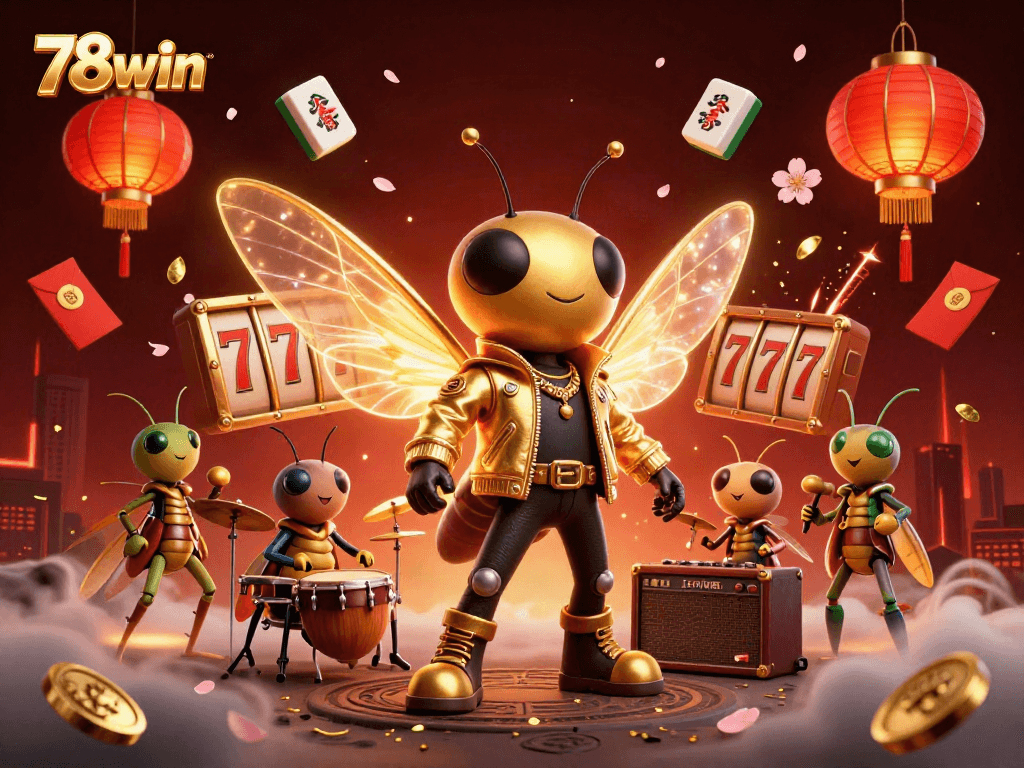 Experience the thrill of 78win with dynamic characters and vibrant casino elements in a captivating 3D illustration.