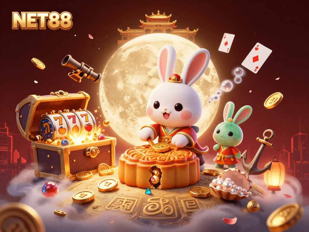 NET88 slots scene featuring a moon rabbit cracking open mooncakes with poker chips inside, rich in colors.
