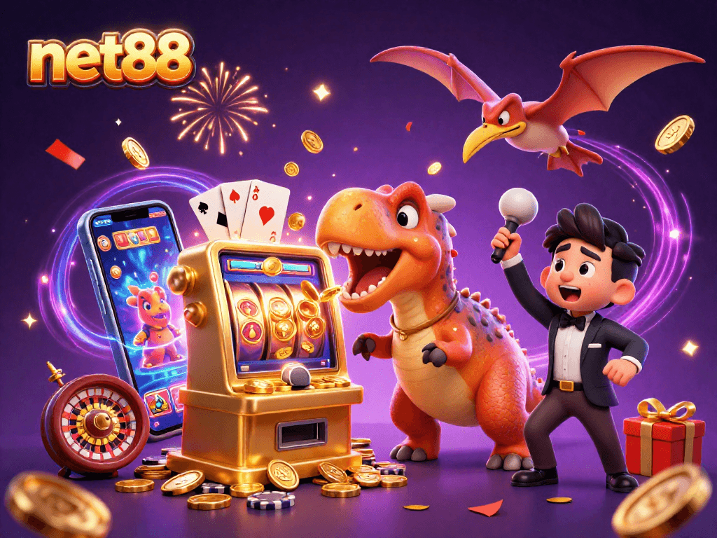 Experience the excitement of net88 casinos with a cartoon dinosaur jackpot scene!