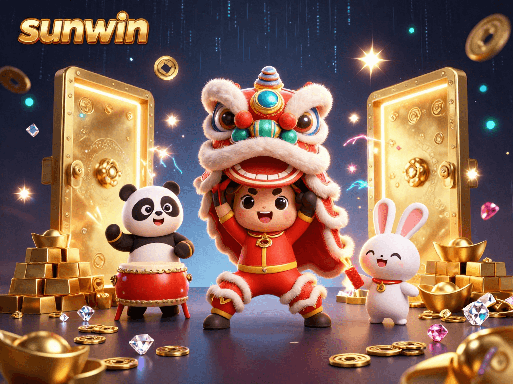 Experience thrilling gameplay with sunwin's festive illustrated casino scene, showcasing exciting characters and dazzling treasures.