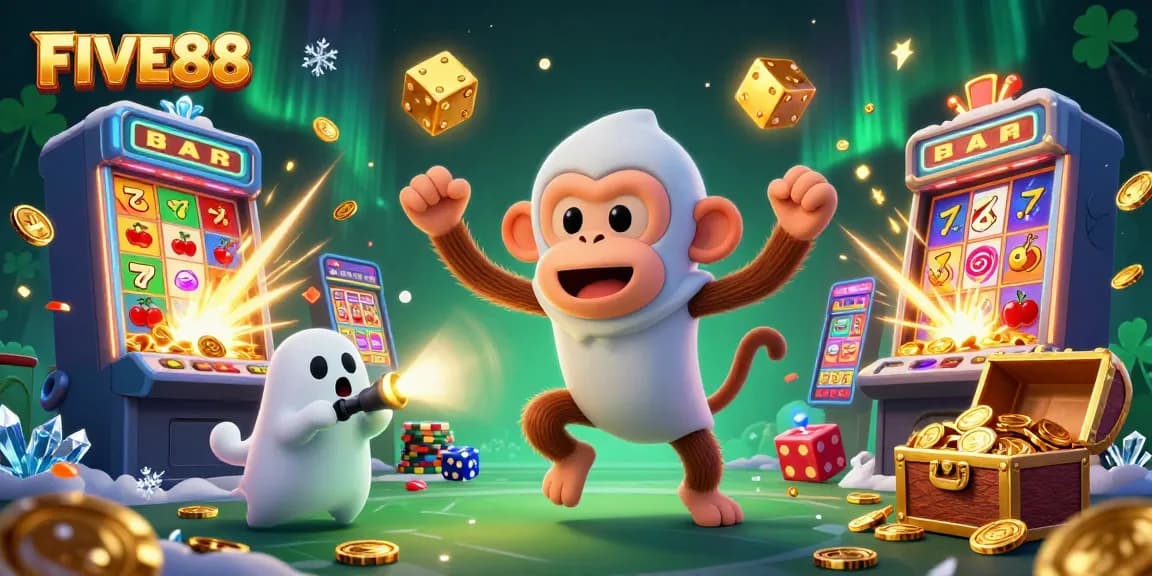 FIVE88 offers an immersive casino experience with a lively scene of a mischievous spirit and a curious puppy exploring hidden treasures.
