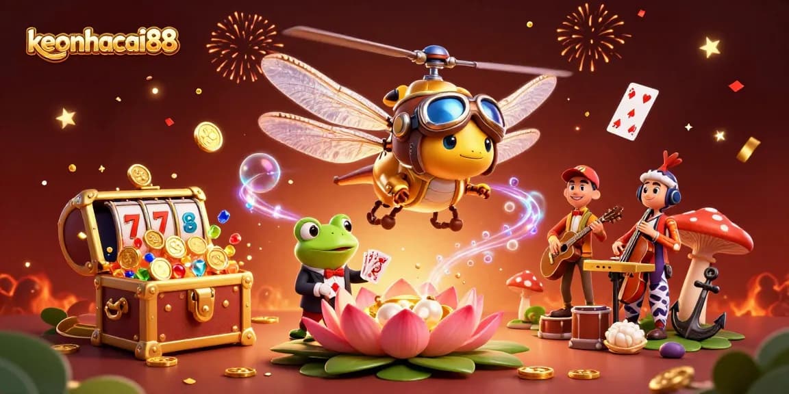 Join the fun at keonhacai88 with a frog croupier dealing cards and a helicopter Dragonfly pilot