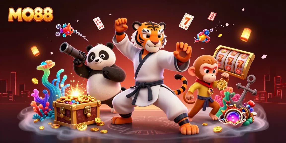MO88 illustrates a thrilling casino adventure with a kung fu tiger amidst golden treasures and playful characters.