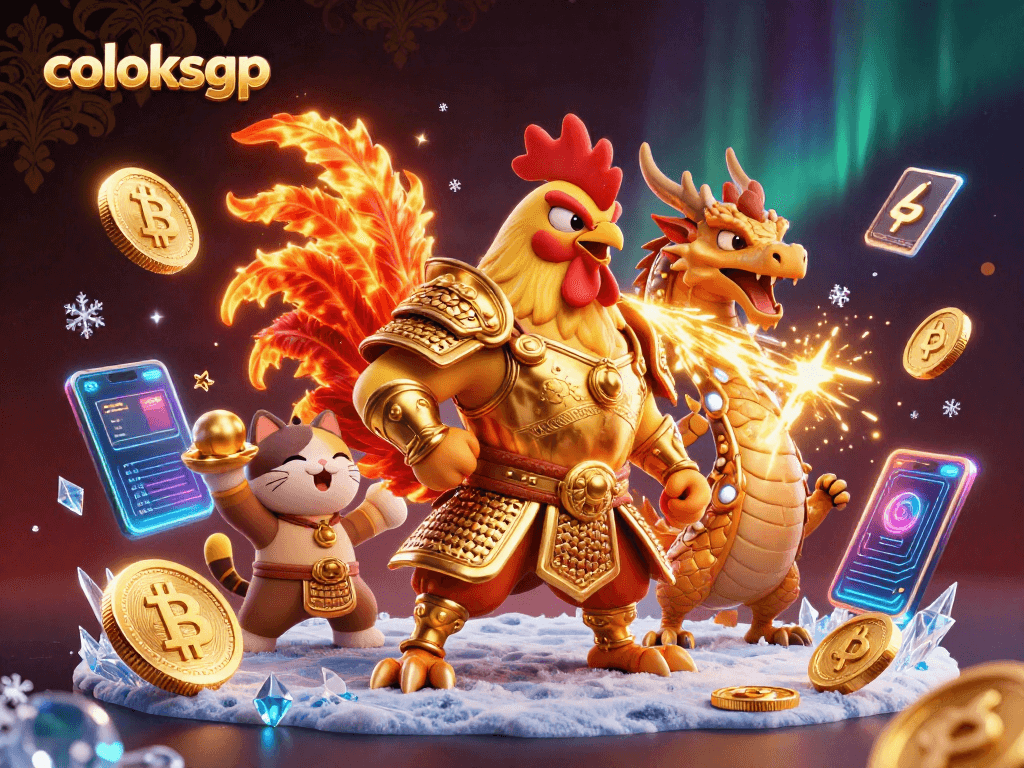 Battle with excitement at coloksgp, featuring a fighting rooster and a dragon amidst crypto coins.