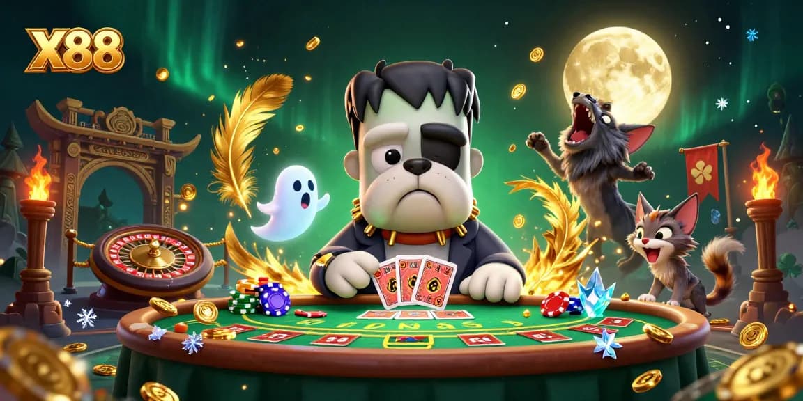 Engage with X88's live casino experience featuring charismatic characters amidst vibrant game elements.