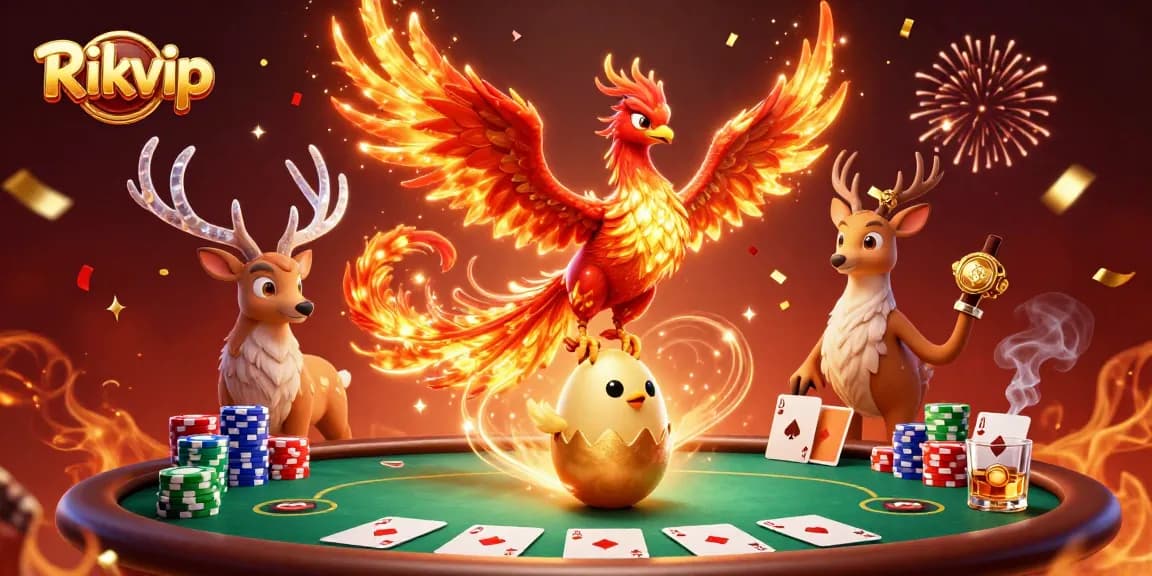 Engage in thrilling gameplay at Rikvip's poker tables with fire phoenix visuals and vibrant casino elements.