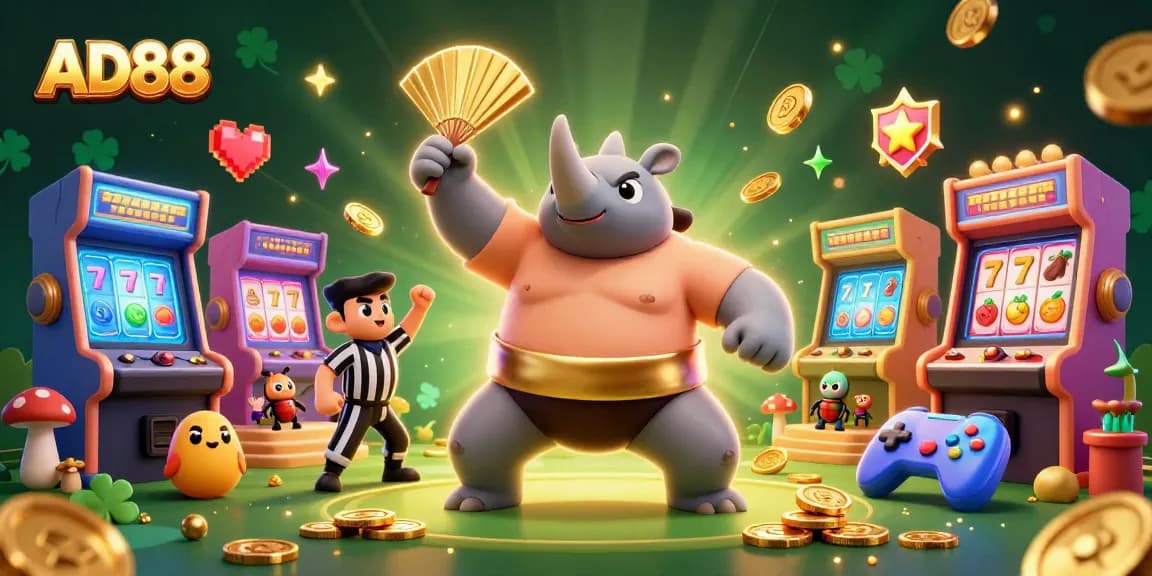 Engage with AD88's vibrant 3D illustration featuring beetle champions in a casino-like arcade.