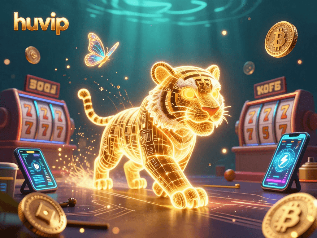 Experience thrilling gaming at huvip with a vibrant digital casino landscape featuring iconic slot elements.