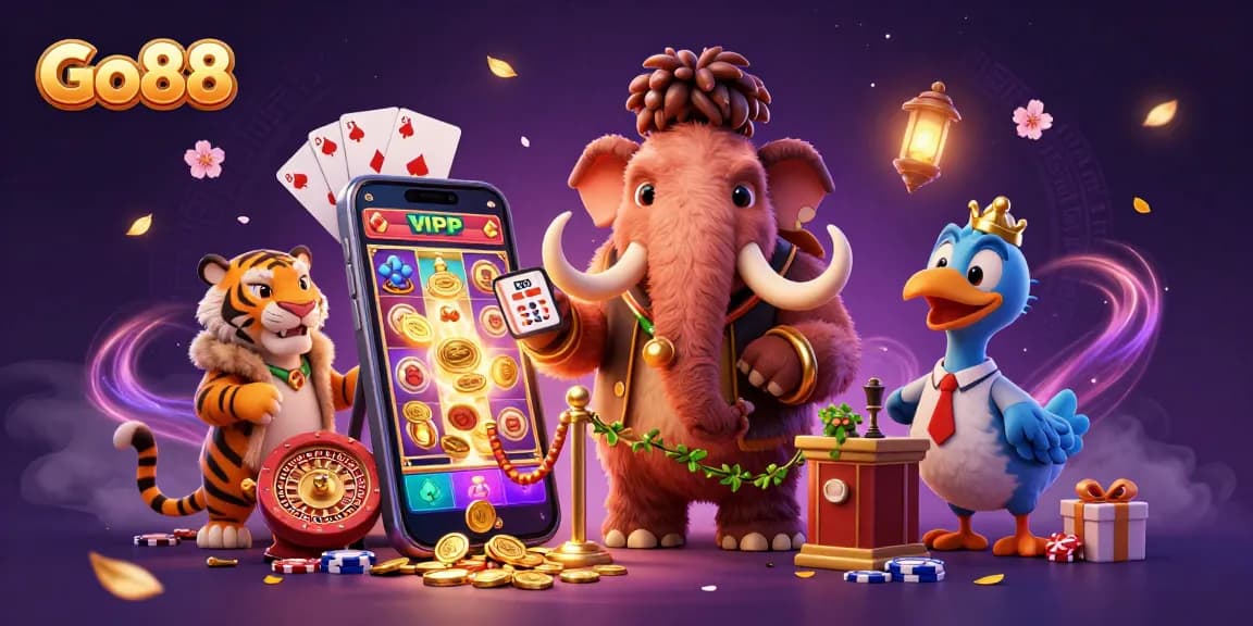 Enjoy exciting slots at Go88 with a vibrant scene featuring a casino bouncer, VIP guest, and lively gaming elements.