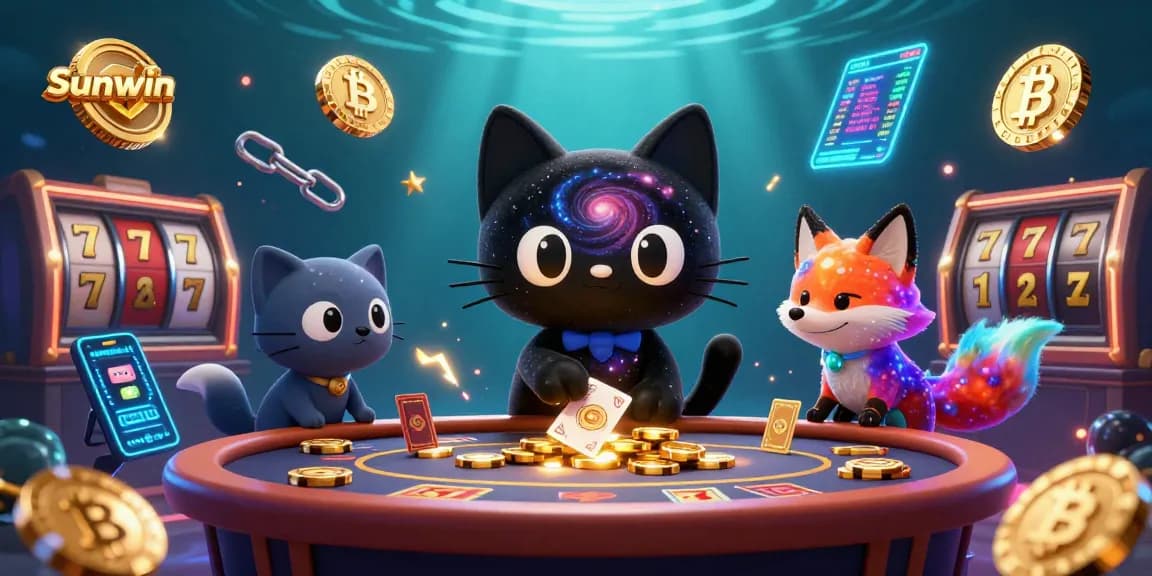 Sunwin enhances online gaming with a captivating cosmic casino scene featuring vibrant 3D characters and gaming elements.