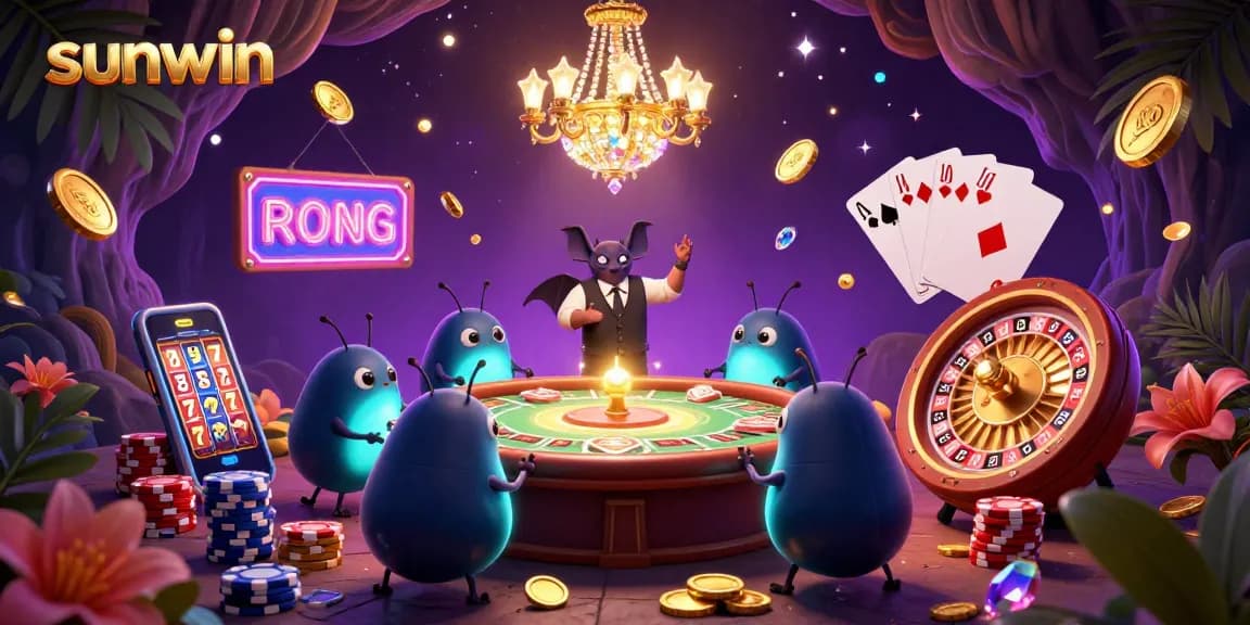 Experience the thrill of winning at sunwin's illuminated casino with glowworms, cards, and coins.