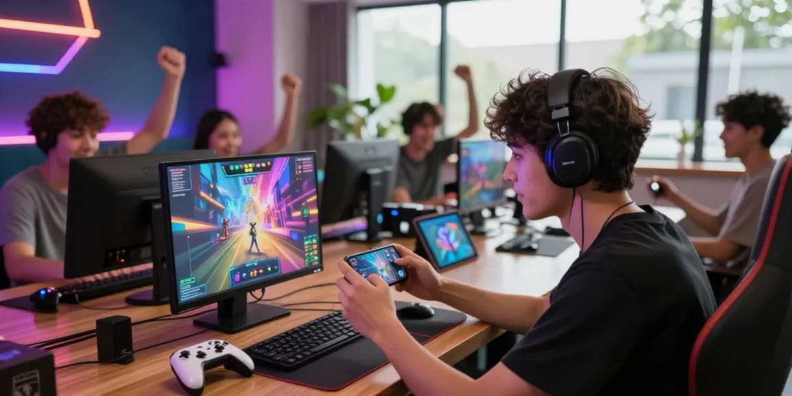 Engaging scene of a young adult playing BL555 mobile game in a lively lounge setting with friends, showcasing vibrant gaming culture.