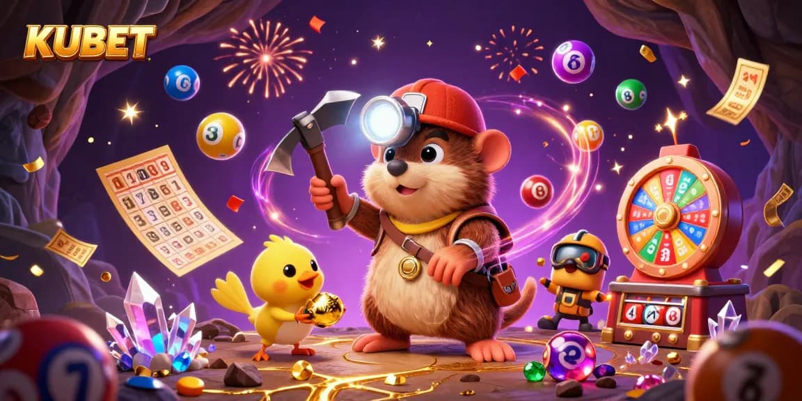 KUBET treasure hunter mole and canary uncovering gems amid explosive casino-themed elements.