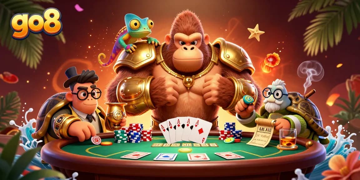 Experience the excitement of go8 as a powerful gorilla king and his companions engage in a thrilling poker game.