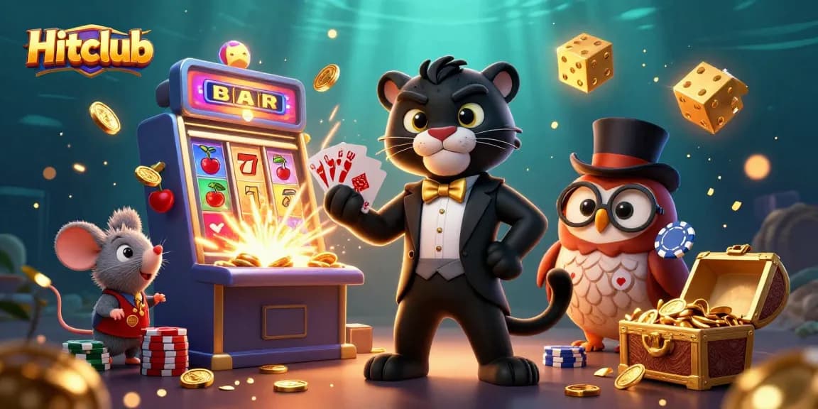 Hitclub's dynamic casino scene featuring a tuxedoed panther, owl, and mouse amid bursting slot machine symbols.