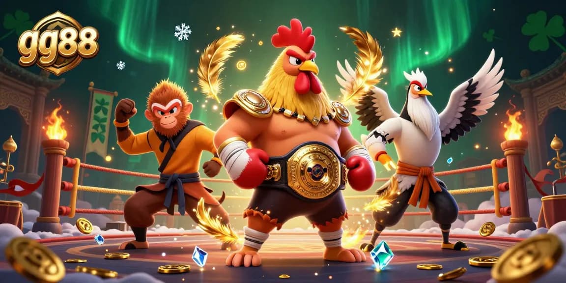 Engage in thrilling action with gg88's dynamic characters, including a majestic rooster and martial artists.