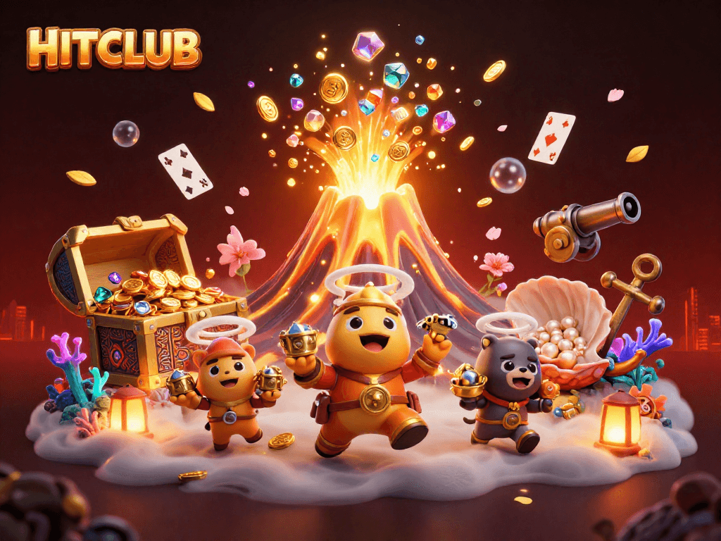 Experience HITCLUB's thrilling treasures as animals collect riches from the erupting volcano scene.