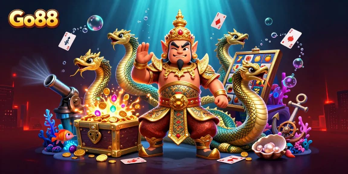 Experience Go88's vibrant casino scene with golden Yaksha guardian and treasure elements.