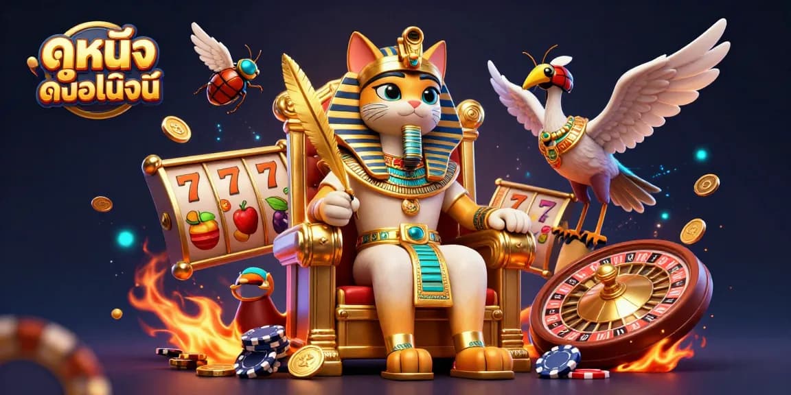 Experience exciting ดูหนังออนไลน์ with an Egyptian pharaoh cat in a vibrant casino scene full of dynamic elements.