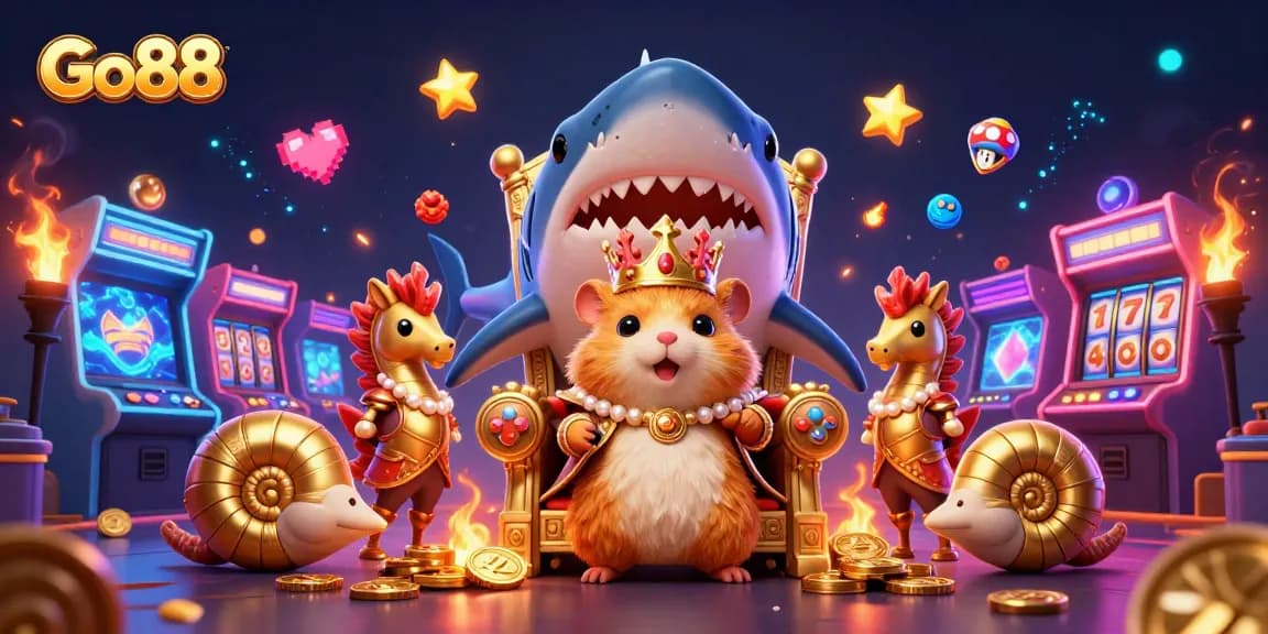 Go88 offers an exciting gaming experience with a fierce golden hamster king on a megalodon throne amidst slot reels and treasures.