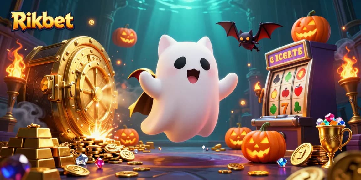 Rikbet offers a colorful gaming experience with a floating ghost cat, a vampire bat, and shimmering slot machines.