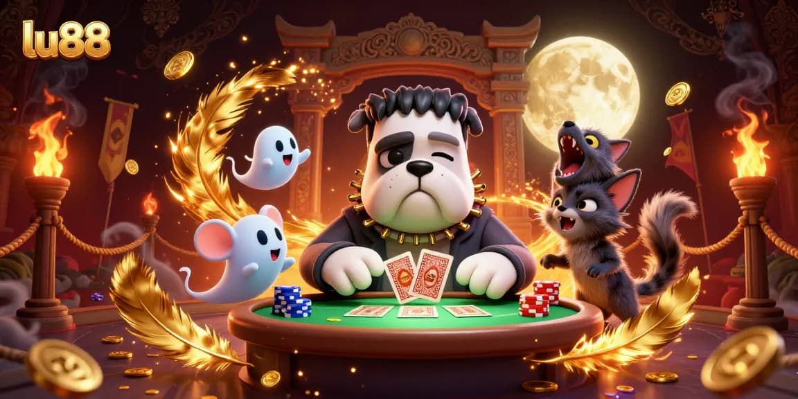 lu88 brings excitement as a Frankenstein bulldog deals cards at a spooky green table